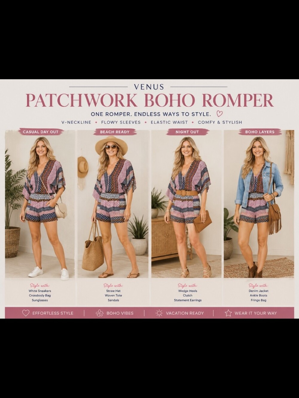 VENUS ~ Red Pink & Blue Patchwork Boho V-Neck Romper | Size S
